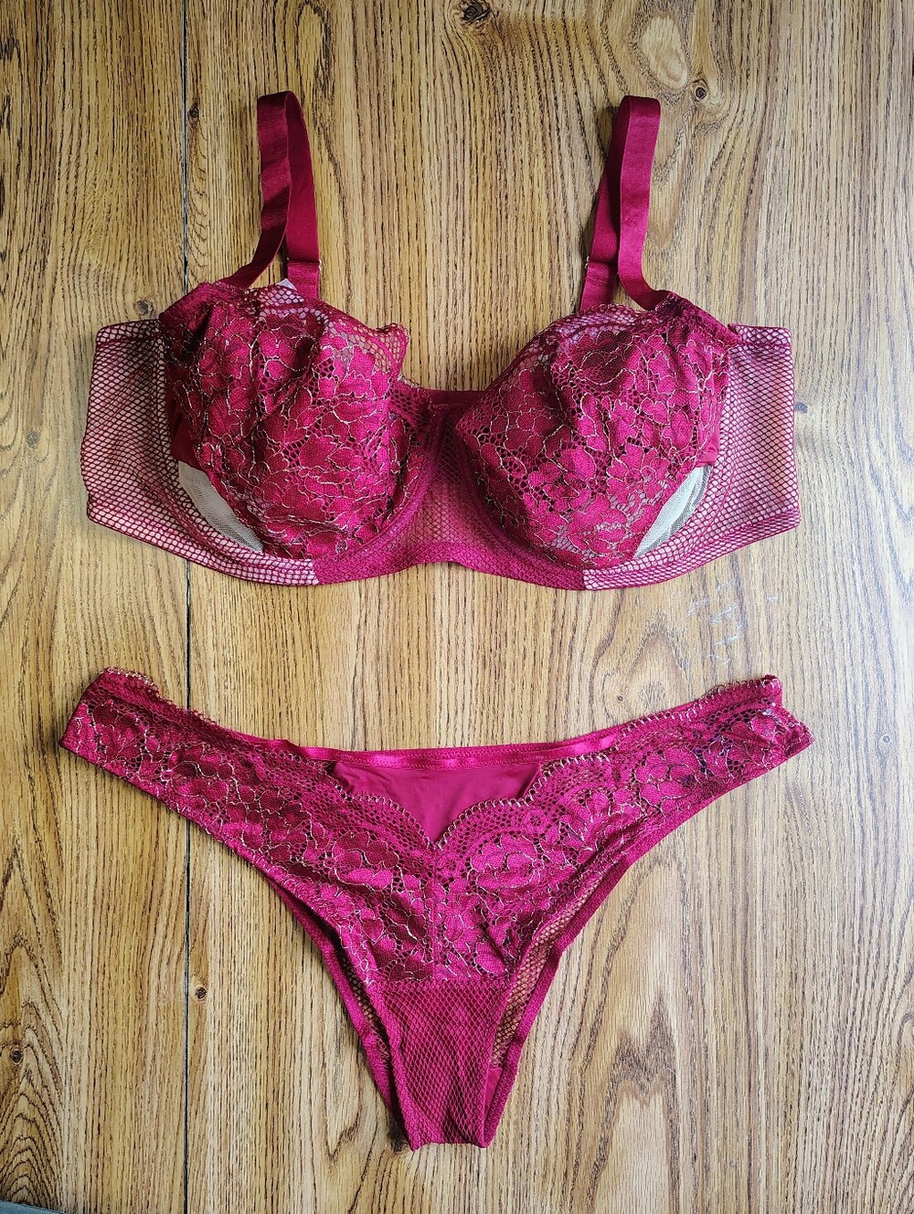 Adore Me Women's Lace Mesh Underwire Bra & Bikini Set Deep Wine sz 46DD. - Picture 14 of 16